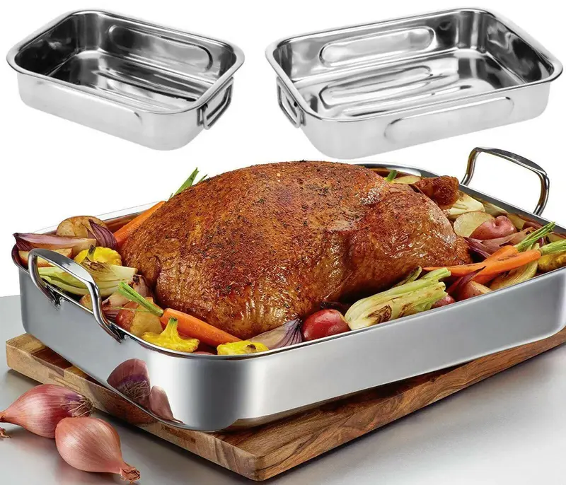 Stainless Steel Roasting Trays Set of 3 - Oven & Dishwasher Safe Bakeware 0