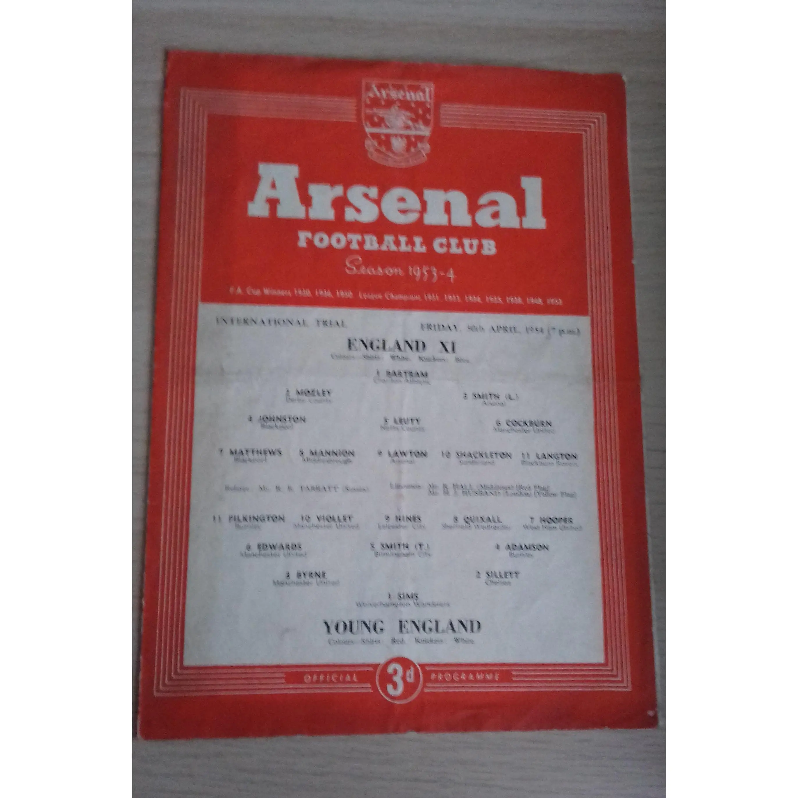 England XI v Young England Match Programme @Highbury 30th April 1954