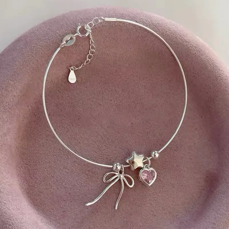 Silver Zircon Love Heart Bracelet For Women Bowknot Stars Bead Snake Bone Chain Jewelry Gift Dropship Bow Necklace 1