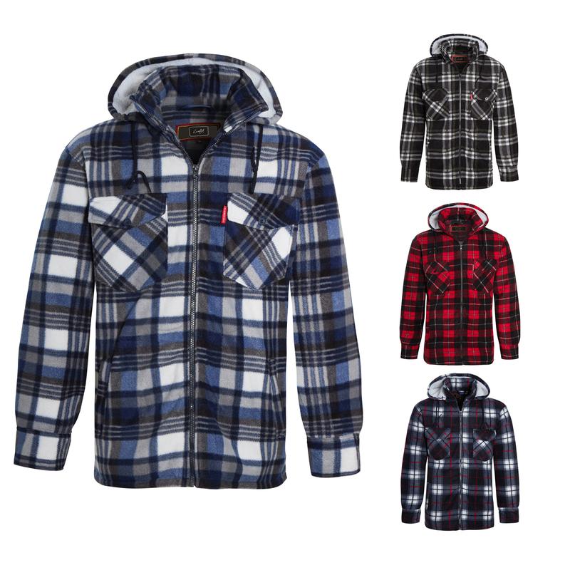 UNISEX Fleece Sherpa Fur Lined Lumberjack Detachable Hood Check Quilted Thermal Shirt Flannel Long Sleeve Casual Jacket Man Menswear Thick Coats Faux Padded Pockets Polyester Collared Top Underwear 5