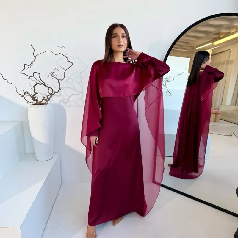 Women’s Shimmer Chiffon Cape Abaya Dress With Tie Back Detail