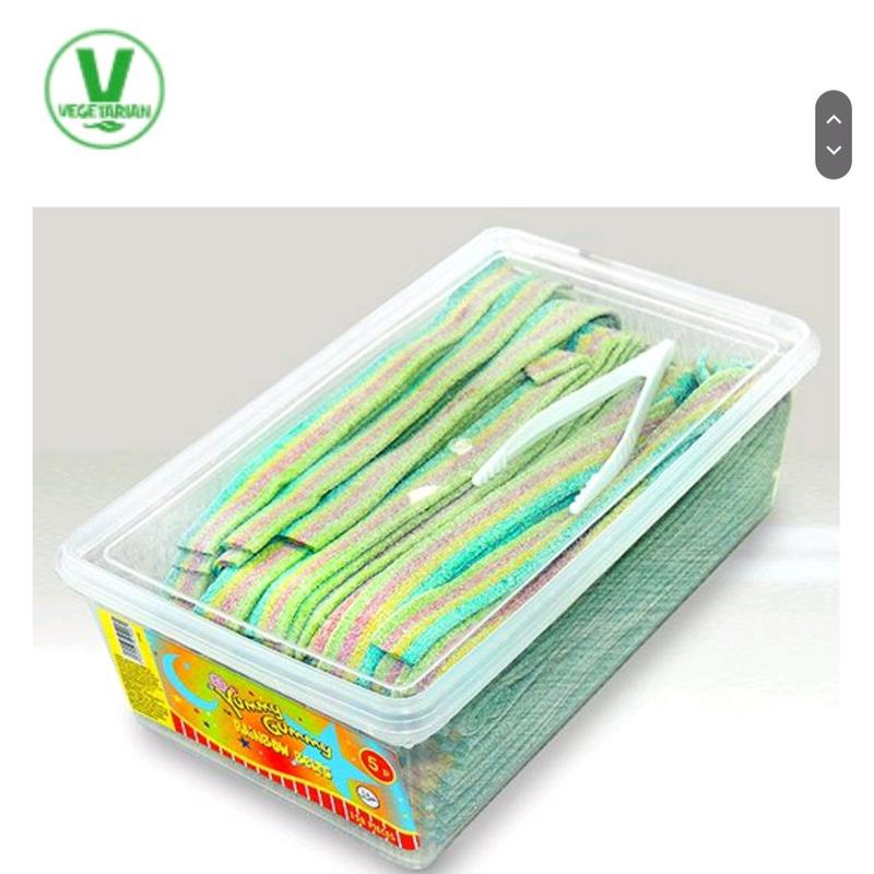 YUMMY GUMMY FIZZY BELTS TUBS(120 PIECES). SUITABLE FOR VEGETARIANS. HALAL. AVAILABLE IN BLUE RASPBERRY FLAVOR 1