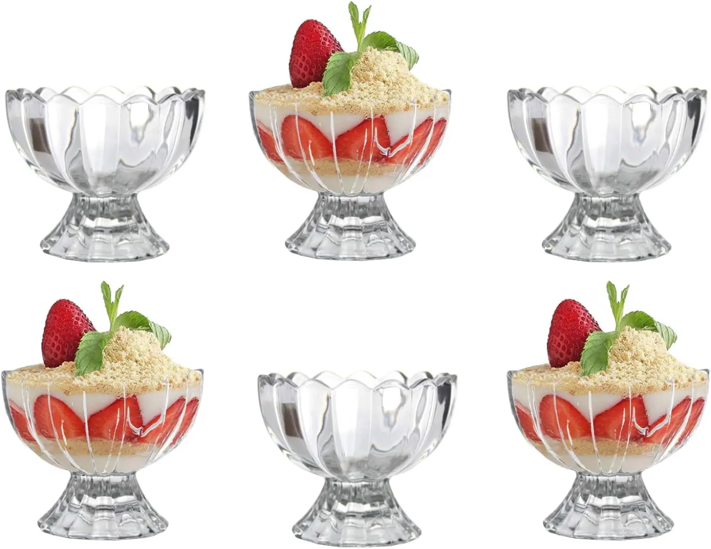 Set of 6 Glass Dessert Bowls with Flared Low Stem Base - Thick, Tableware Ice Cream Serving Dishes Footed Fruit Salad Pudding Dessert Cups
