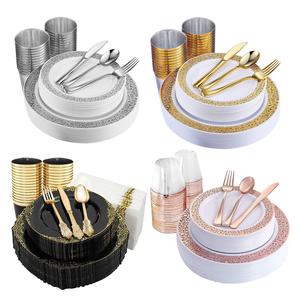 AEX 175 Piece Rim Design Dinnerware Set for 25 Guests |25 Dinner Plates |25 Salad Plates|25 Knives|25 Forks |25 Spoons |25 Cups |25 Tissue for Weddings Birthday Party and Events Cutlery Stylish Tableware Plastic Cups dinnerset