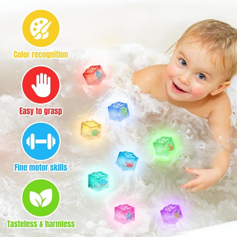 Light Up Bath Toys, 8Pcs LED Ice Cubes Baby Light Up Toys Sensory Toys Sensory Bath Toys for Kids 5