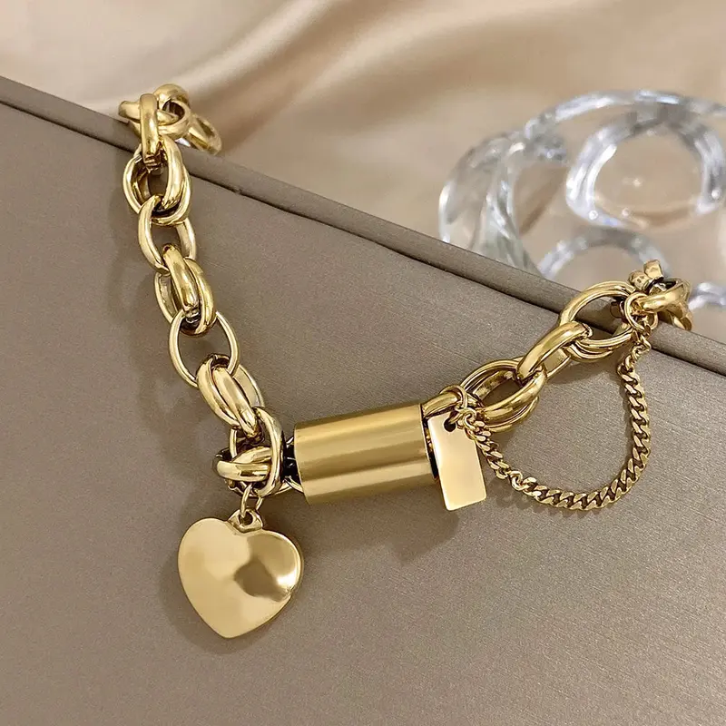 AENSOA Punk Chunky Double Thick Chain Stainless Steel Bracelets for Women Fashion Golden Heart Love Buckle Pendant Wrist Jewelry 2