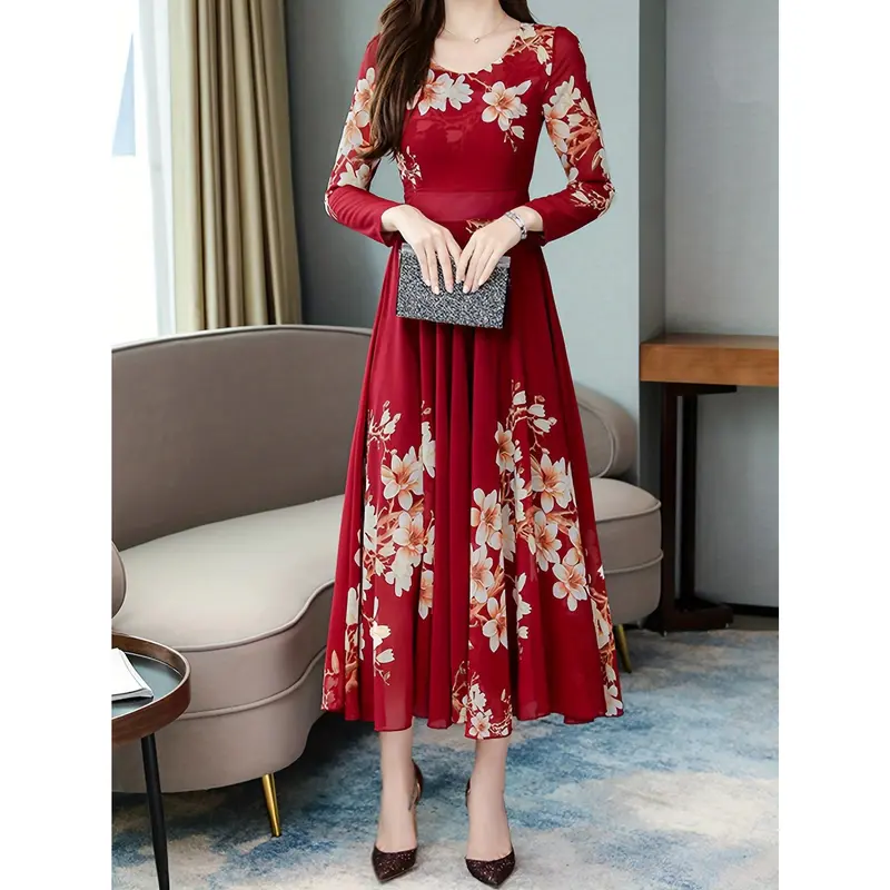 Long Sleeve Midi Polyester A-Line Dress - Elegant Floral Print Crew Neck for Women - Spring/Fall 2