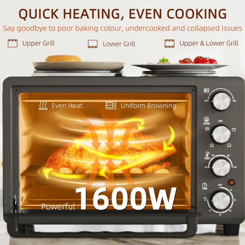 HOMCOM 28L Mini Oven with 2 Hot Plates, Countertop Toaster Oven, Grill, Roast, Bake, Boil, with Timer, Adjustable Temperature, Electric Oven with Baking Tray, Grill Rack, Crumb Tray, 2600W, Black 6