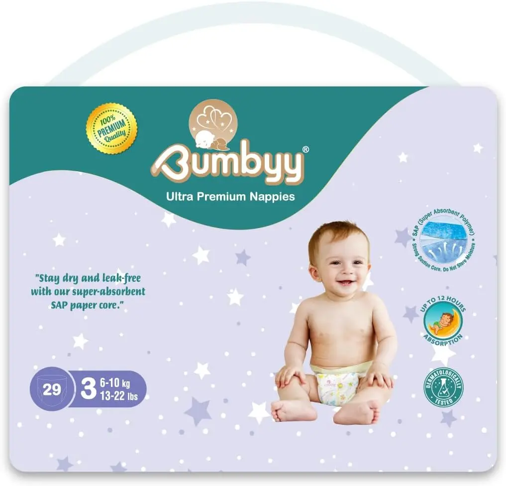 Bumbyy Premium Baby Nappies Size 3 (6-10kg/13-22lbs) - Chemicals Free and Dermatologically Tested 12 hr Dry Nappies - Hypoallergenic Soft & Thin Diapers for Most Sensitive Skin - 29 Count