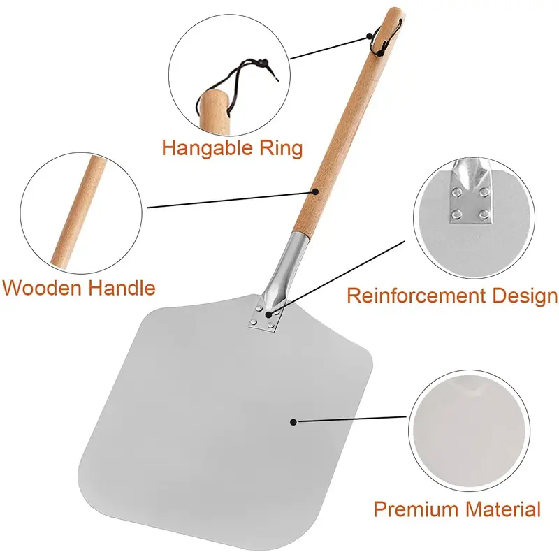 13" Pizza Oven Peel Paddle with Extra Long Wooden Handle for Wood Fired Ovens Kitchen Metal Utensils Pasta Aluminium 3
