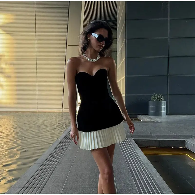 Elegant Pleated Hem Black Velvet Mini Dress Women Sexy Backless High Waist A Line Dresses 2025 Lady Chic Party Short Robes