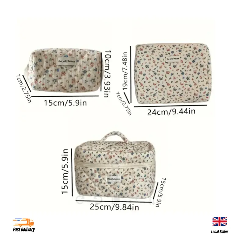 Christmas Gift Ditsy Chic Floral Design Quilted Makeup Bag Set - 3 Count Corduroy Cosmetic Storage Bag for Outing and Travel - Durable & Easy Care 1
