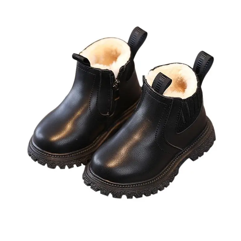 Autumn Winter Kid Boys Girls Casual Ankle Boots Comfortable Simple Side Zipper Leather Boots Velvet Warm Non-Slip Boots 2