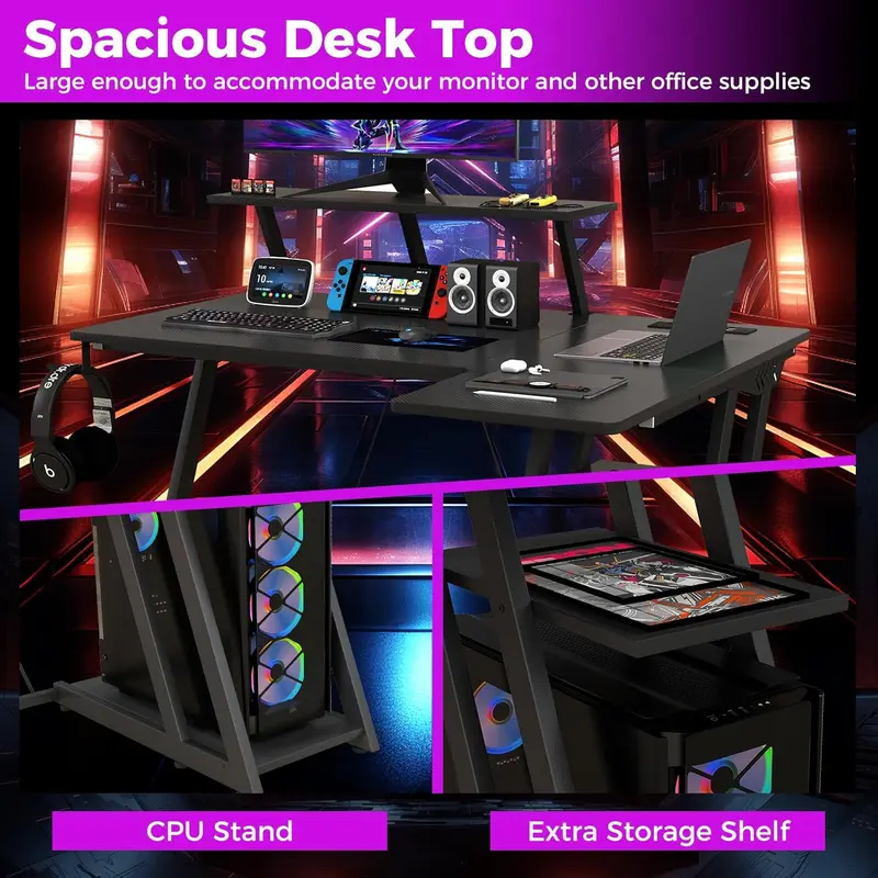 COSTWAY L-Shaped Gaming Desk, 100cm Study Table Writing Workstation with Monitor Shelf, Headphone Hook, Storage Shelf, Outlets & USB Ports, Home Office Computer Desk PC Laptop Table 4