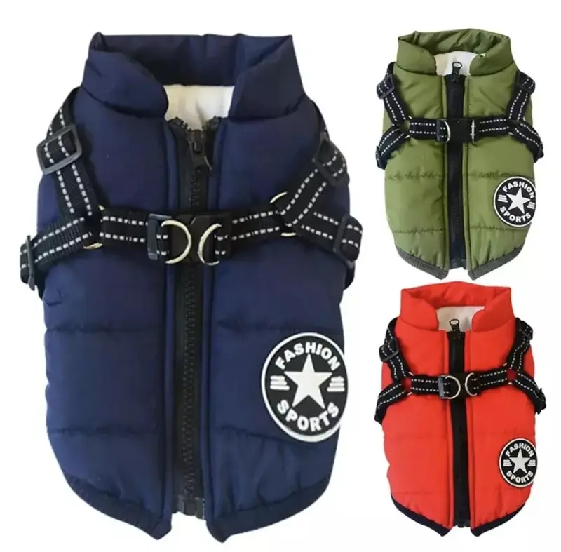 Dog Coat Waterproof With Harness Jacket Raincoat Winter Zip Coats Pet Hole Warm 1