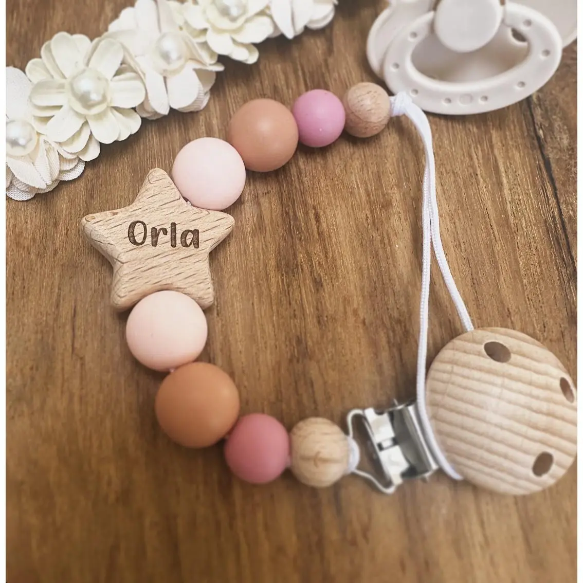 Personalisable Star Dummy Clip in Blush by Newly Born