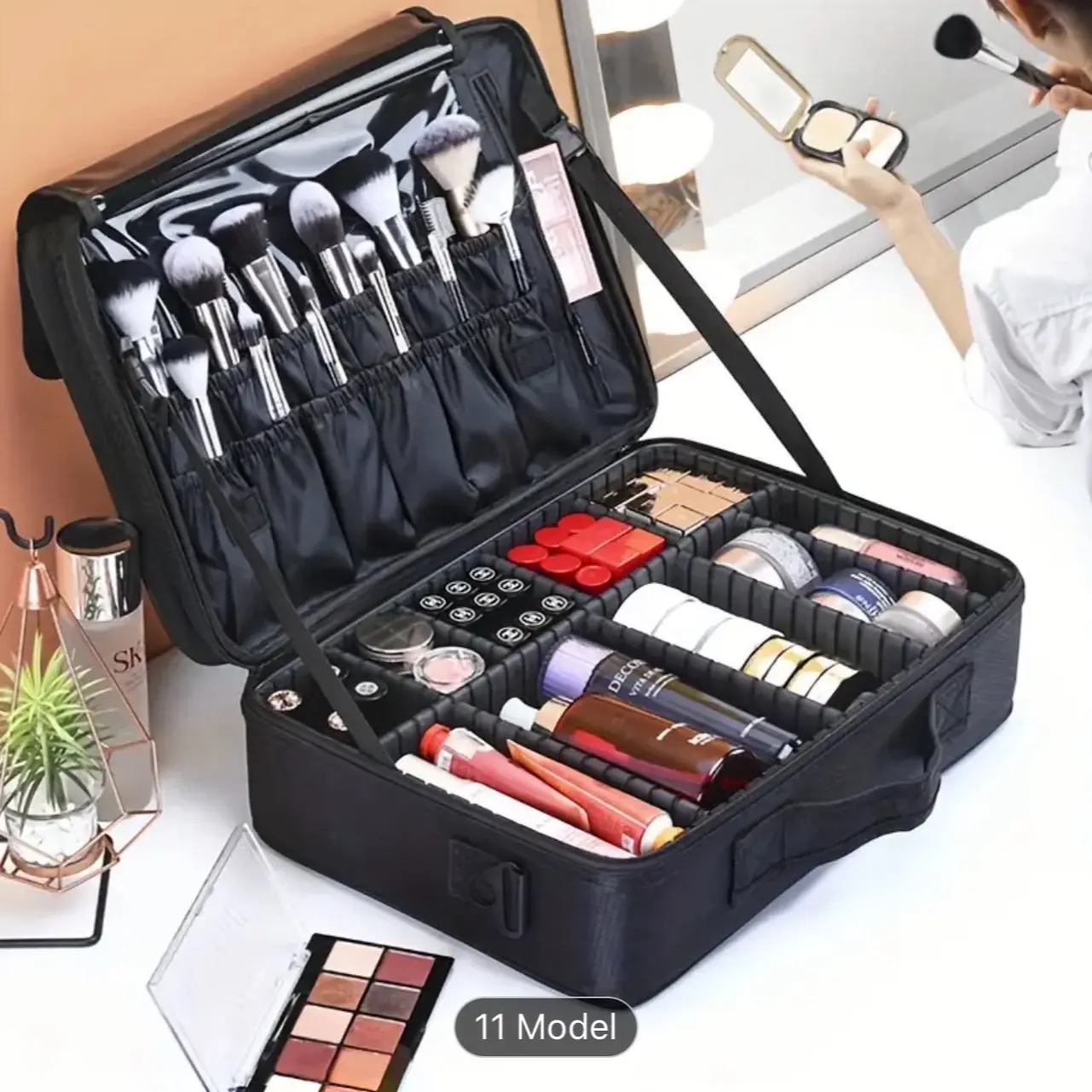 Professional Large Capacity Makeup Bag With Adjustable Dividers, Portable Cosmetics Organizer Box