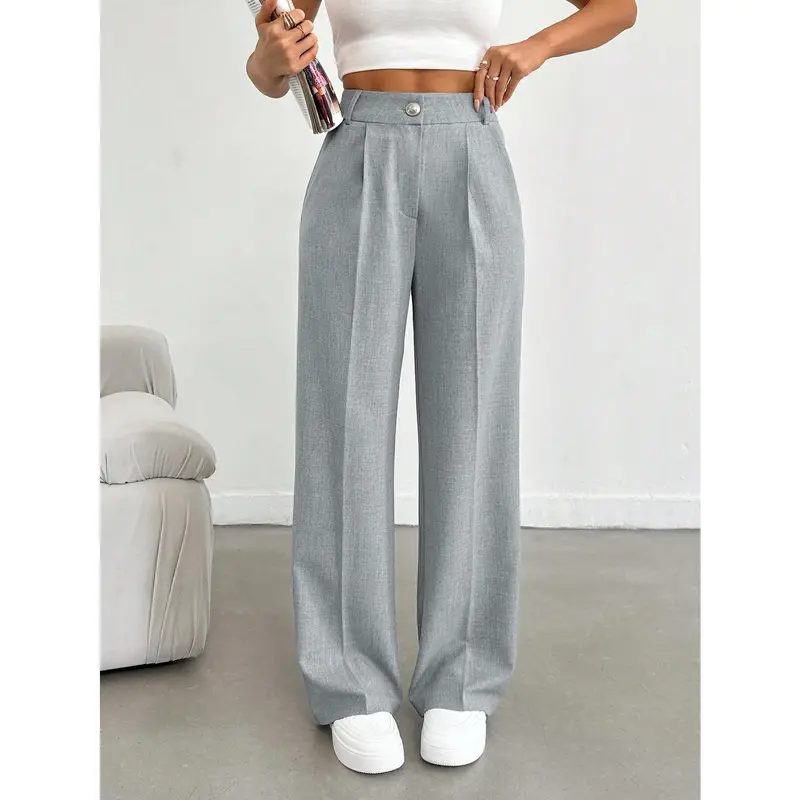 Women's Grey Melange Color High Waist Wide Leg Pants With Button And Zipper Details Fabric Fit Womenswear Bottom Comfort Trouser Wideleg Basic Casual Minimalist 5