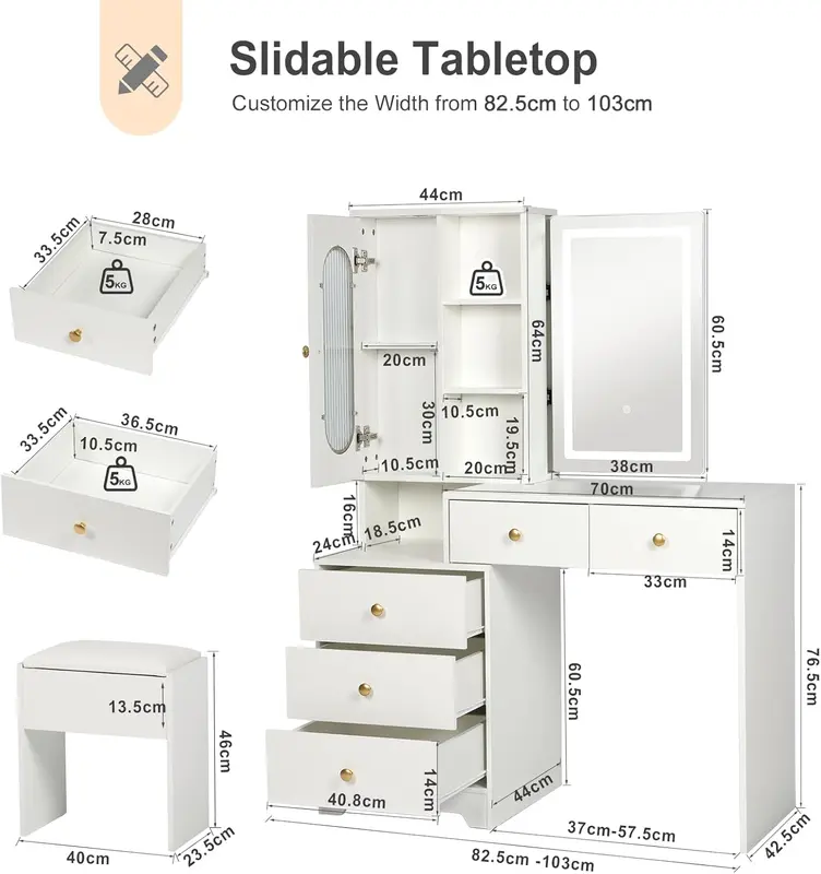 Joolihome Modern Dressing Table Set with Sliding Mirror, 5 Shelves & 5 Drawers, Adjustable 3 colors Light and Soft Stool for Bedroom 7