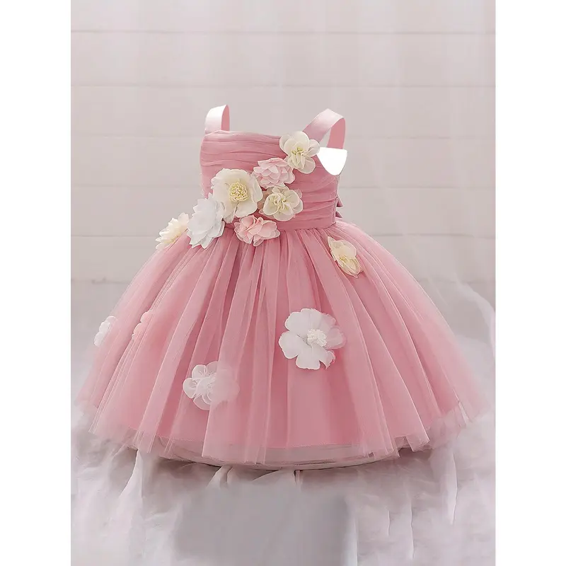 Baby Girl Wide Shoulder Floral 3D Mesh Flower Girl Wedding Party Birthday Princess Dress, Suitable For Formal Events And Outings 2