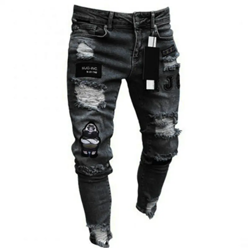 Fashion Men Slim Biker Ripped Long Denim Trousers Skinny Jeans Pocket Young Man's Jogging Pants Destroyed Stretchy Multiple color Pants 1