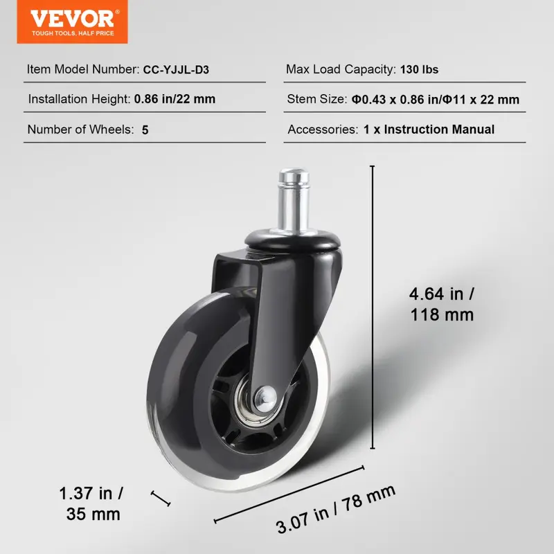 VEVOR Office Chair Wheels, Set of 5, 3 inch Caster Wheels Replacement for Hardwood Floors and Carpet, Heavy Duty Computer Gaming Desk Casters with 130 lbs Load Capacity, Universal Fit for Most Chairs 6