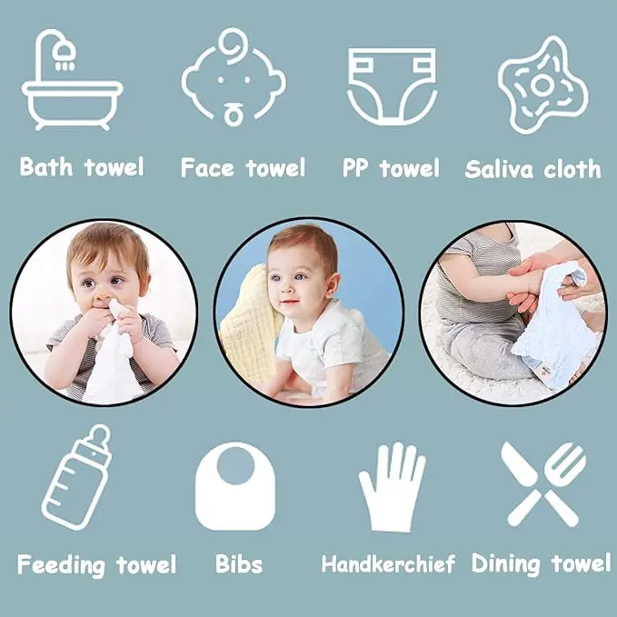 Muslin Cloths for Baby, 12x12 Inch Muslin Squares Soft Burp Cloths 6 Layers Cotton Newborn Hand Washcloths Baby Wash Cloths Reusable Baby Towels 8 Pack 3
